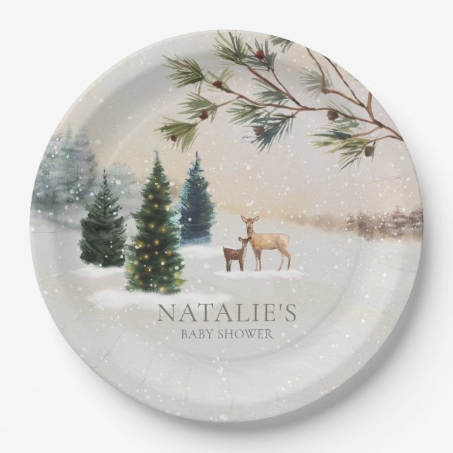 Rustic Winter Woodland Baby Shower Personalised Paper Plate (Front)