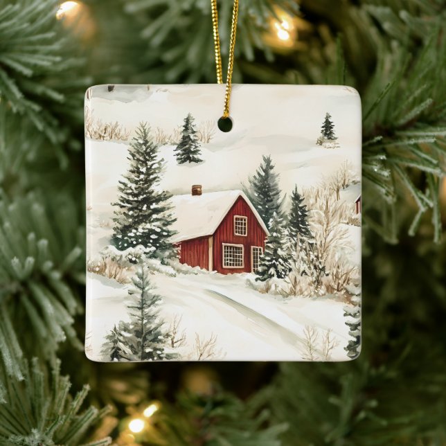 Rustic Winter Woodland Cabin Christmas Ceramic Ornament (Tree)
