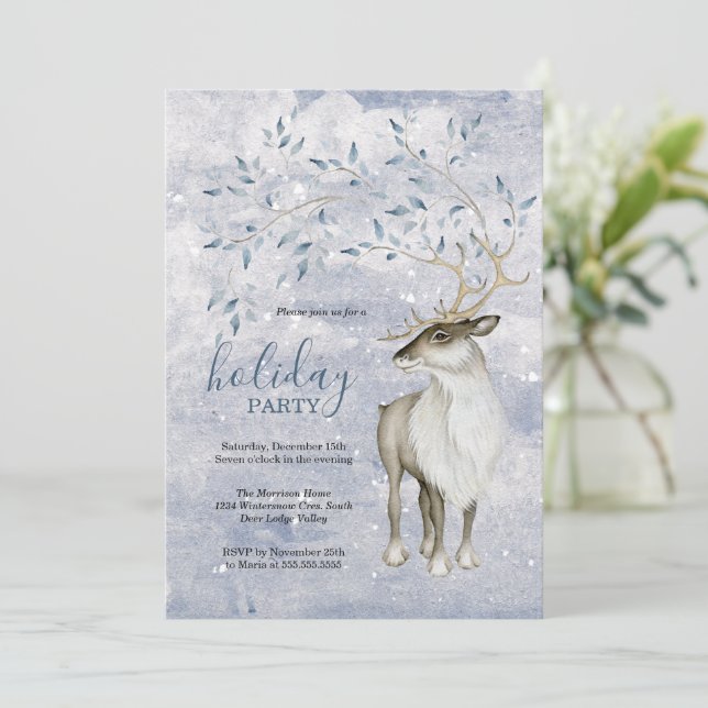 Rustic Winter Woodland Deer Holiday Party Invitation (Standing Front)