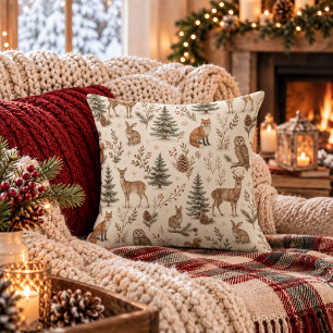 Rustic Winter Woodland Forest Animals Cushion