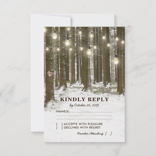 Rustic Winter Woodland Tree Lights Wedding RSVP (Front)