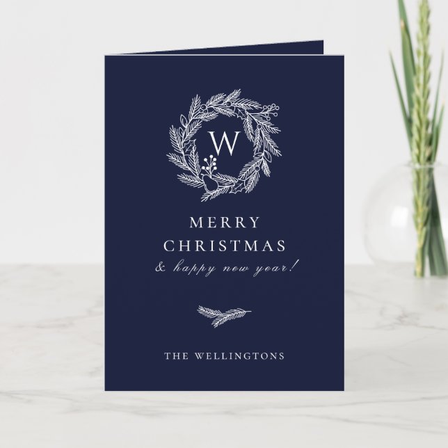Rustic Winter Wreath Blue Holiday Card (Front)