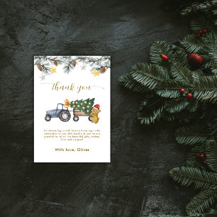 Rustic Winter X'mas Tree Tractor Bear Baby Shower Thank You Card