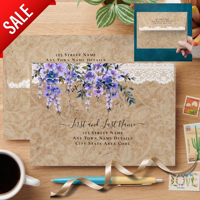 Rustic Wisteria Floral Lace Wedding A7 Envelope (Creator Uploaded)