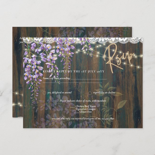 Rustic Wisteria Wood Lace Lights Wedding RSVP Postcard (Front/Back)