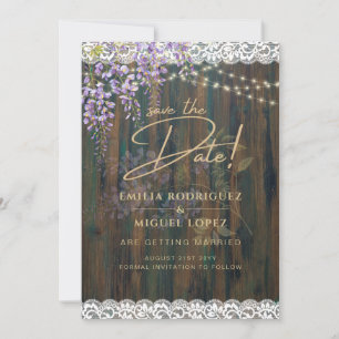 Rustic Wisteria Wood Lace Lights Wedding Save Date Invitation