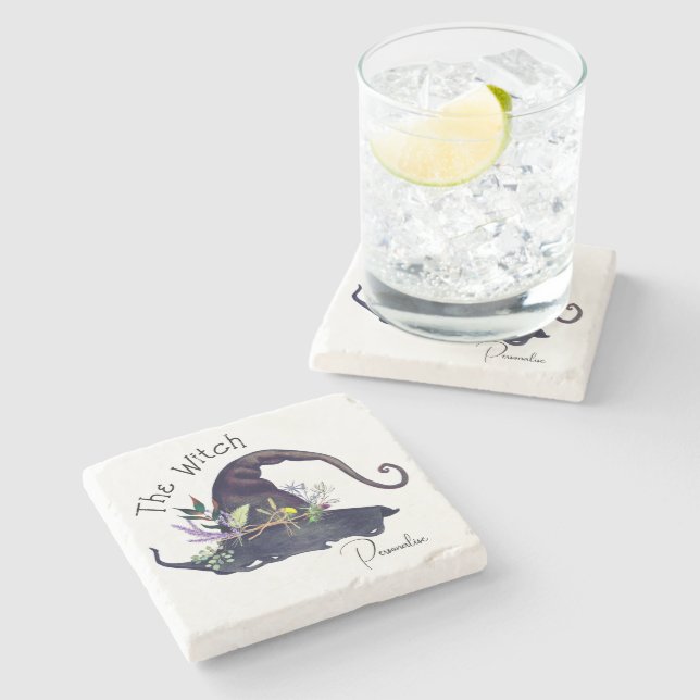 Rustic Witches Floral Herbal Black Hat White  Stone Coaster (Side)