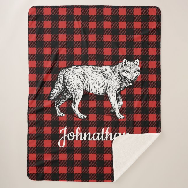 Rustic Wolf Buffalo Check Lumberjack Plaid Sherpa Blanket (Front)