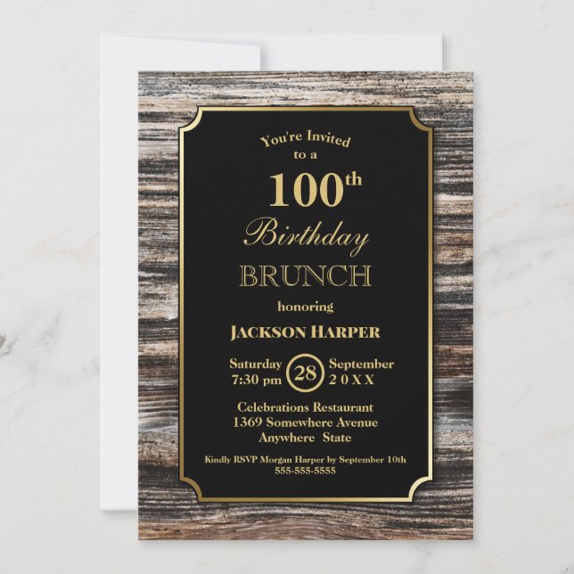 Rustic Wood 100th Birthday Brunch Party Invitation (Front)