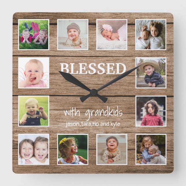 Rustic Wood 12 Photo Collage Blessed Grandparents Square Wall Clock (Front)