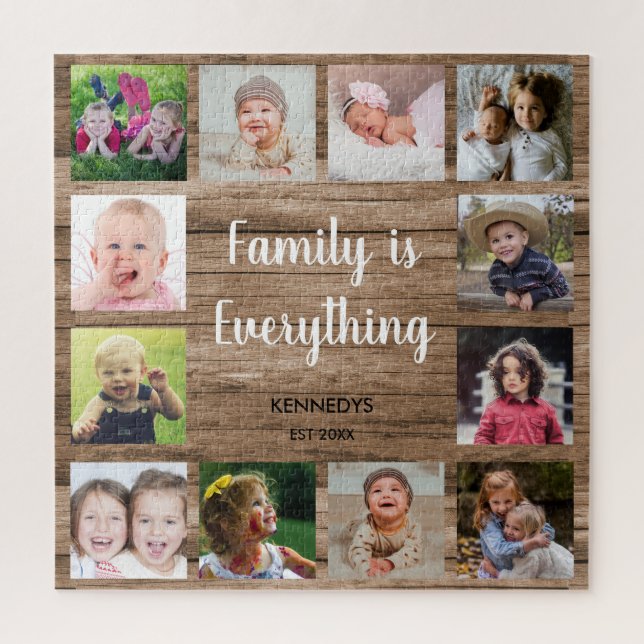 Rustic Wood 12 Photo Collage Family Jigsaw Puzzle (Vertical)