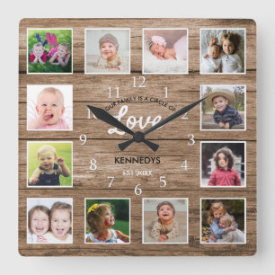 Rustic Wood 12 Photo Collage Family Love Quote Square Wall Clock