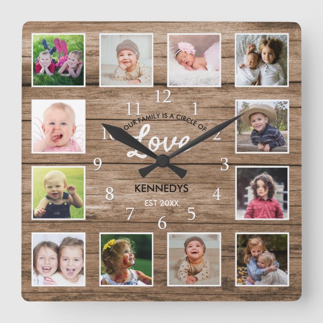 Rustic Wood 12 Photo Collage Family Love Quote Square Wall Clock (Front)