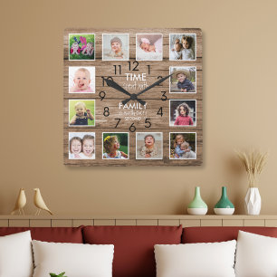 Rustic Wood 12 Photo Collage Family Time Quote Square Wall Clock