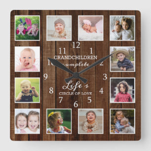 Rustic Wood 12 Photo Collage Grandchildren Quote Square Wall Clock