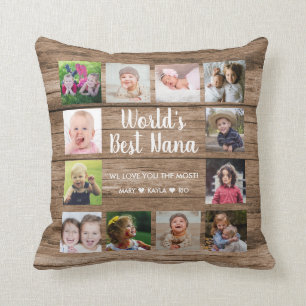 Rustic Wood 12 Photo Collage World's Best Nana Cushion