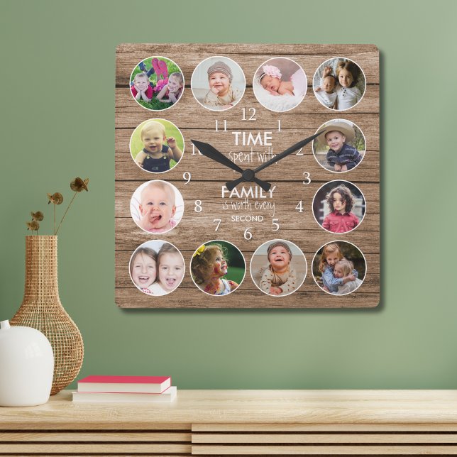 Rustic Wood 12 Photo Round Template Family Quote   Square Wall Clock (Creator Uploaded)