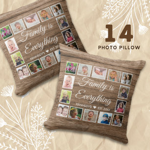 Rustic Wood 14 Photo Collage Family Quote Cushion