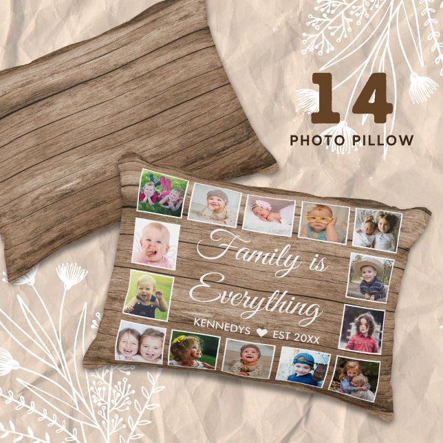 Rustic Wood 14 Photo Collage Family Quote Decorative Cushion (14 photo collage accent pillow)