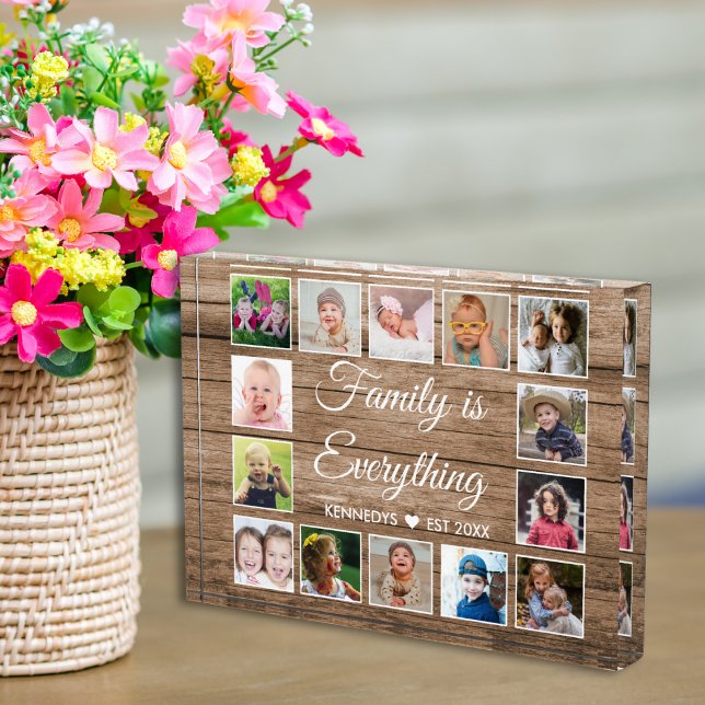 Rustic Wood 14 Picture Collage Family Name Quote Photo Block (14 photo collage photo block)