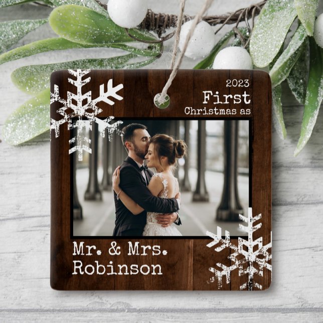 Rustic Wood 1st Christmas Mr. & Mrs. Custom Photo Ceramic Ornament (Rustic snowflake family holiday keepsake photo ornament perfect for gifts to bring joy to others.)