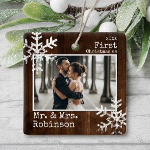 Rustic Wood 1st Christmas Mr. & Mrs. Photo Ceramic Ornament
