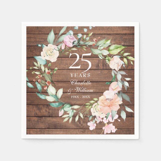 Rustic Wood 25th Silver Wedding Anniversary Floral Napkin (Front)