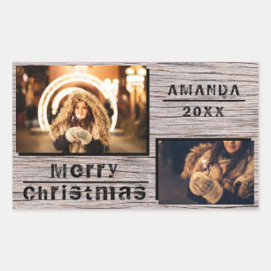 Rustic Wood 2 Photo Collage Christmas Holiday Rectangular Sticker