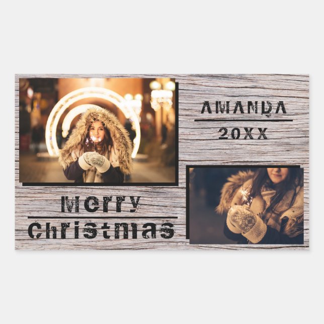 Rustic Wood 2 Photo Collage Christmas Holiday Rectangular Sticker (Front)
