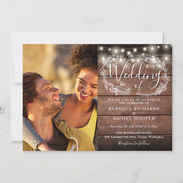 Rustic Wood 2 Photo String Lights Script Wedding Invitation (Front)