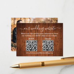 Rustic Wood 2 QR Photo Wedding RSVP Details Enclosure Card