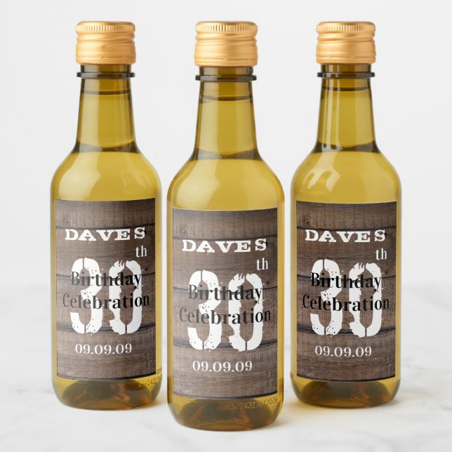 Rustic Wood 30th Any Age Birthday Party Favour Min Wine Label (Bottles)