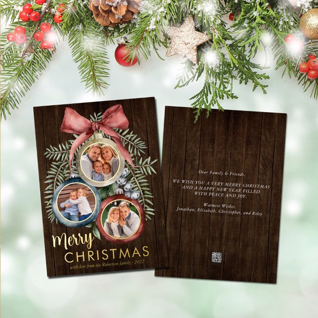 Rustic Wood 3 Photo Christmas Ornaments Elegant Foil Holiday Card (Creator Uploaded)