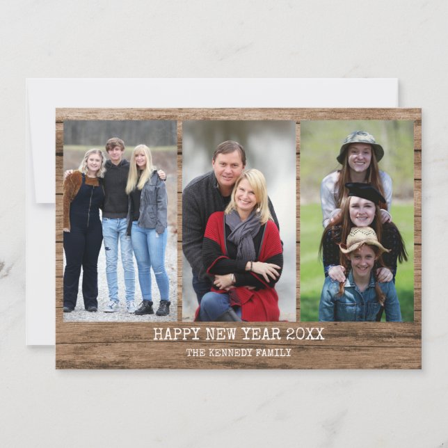 Rustic Wood 3 Photo Collage Happy New Year 2021 Holiday Card (Front)