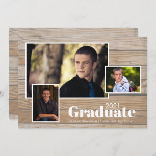 Rustic Wood 3 Photo Graduation Party Invitation
