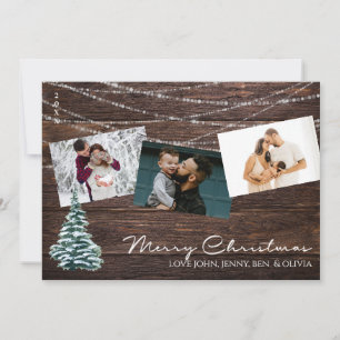 Rustic Wood 3 Photo Merry Christmas Card w/ Tree 2