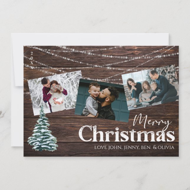Rustic Wood 3 Photo Merry Christmas Card with Tree (Front)