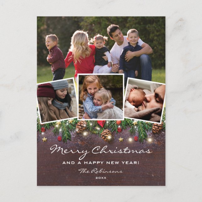 Rustic Wood 4 Photo Christmas Holiday Postcard (Front)