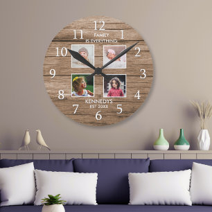 Rustic Wood 4 Photo Collage Family Name Quote   Round Clock