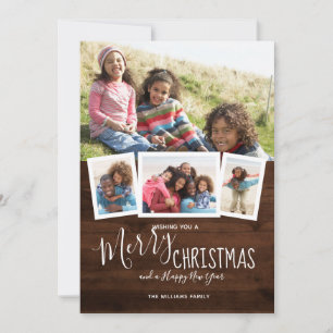 Rustic Wood  4 Photo Collage Merry Christmas Holiday Card