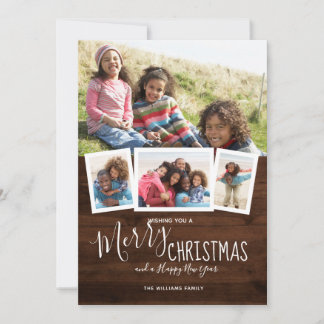 Rustic Wood 4 Photo Collage Merry Christmas Holiday Card