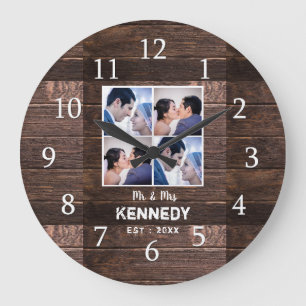 Rustic Wood 4 Photo Collage Wedding Anniversary Large Clock