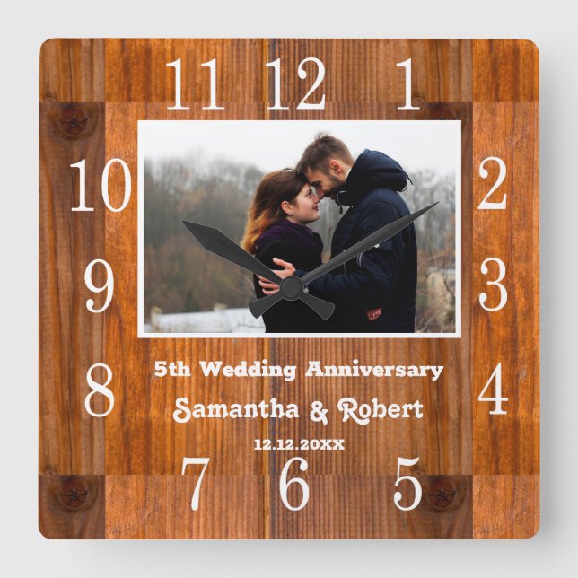 Rustic Wood 5 Year Anniversary Photo Square Wall Clock (Front)