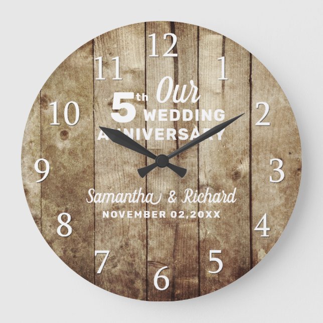 Rustic Wood 5th Wedding Anniversary Personalised   Large Clock (Front)