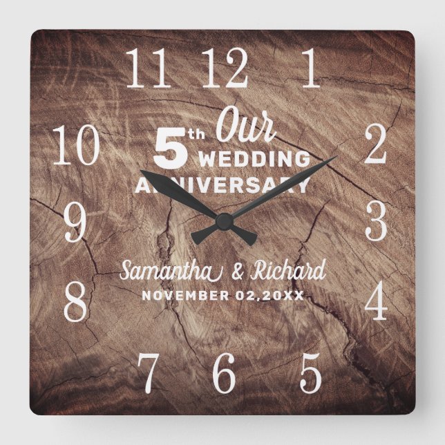 Rustic Wood 5th Wedding Anniversary Personalised  Square Wall Clock (Front)