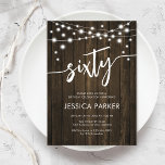 Rustic Wood 60th Birthday Party Invitation<br><div class="desc">60th Birthday Party Invitation. Rustic design with dark brown wood pattern. Classy invite card featuring fairy string lights and script font. Perfect for a stylish sixtieth bday celebration. Personalise with your own details. Can be customised for any age! Printed Zazzle invitations or instant download digital printable template.</div>