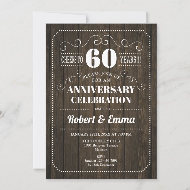 Rustic Wood 60th Wedding Anniversary Party Invitation (Front)