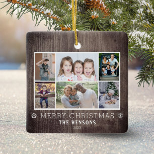 Rustic Wood 6 Photo Collage Christmas Family Ceramic Ornament