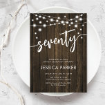 Rustic Wood 70th Birthday Party Invitation<br><div class="desc">70th Birthday Party Invitation. Rustic design with dark brown wood pattern. Classy invite card featuring fairy string lights and script font. Perfect for a stylish seventieth bday celebration. Personalise with your own details. Can be customised for any age! Printed Zazzle invitations or instant download digital printable template.</div>