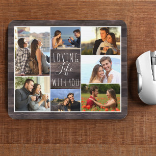 Rustic Wood 7 Photo Collage Loving Life with You Mouse Mat
